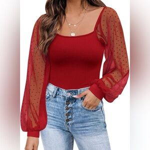 Red Sheer Sleeve Blouse